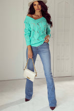 Load image into Gallery viewer, Mint Green Hollow Out Knit V Neck Drop Shoulder Sweater
