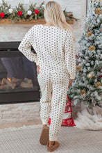 Load image into Gallery viewer, White Polka Dot Print Notched Neck Long Sleeve Top Drawstring Jogger Pants Waffle Knit Lounge Set

