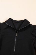 Load image into Gallery viewer, Black Textured Ruffled Sleeve Zipped Top and Wide Leg Pants Set

