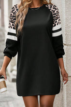 Load image into Gallery viewer, Black Leopard Print Patchwork Varsity Raglan Sleeve Sweatshirt Dress
