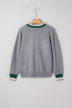 Load image into Gallery viewer, Gray Contrast Striped Trim V Neck Varsity Sweater
