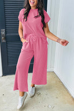 Load image into Gallery viewer, Bright Pink Solid Corded Knit Short Sleeve T Shirt and Wide Leg Pants Set
