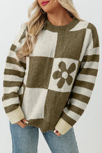 Load image into Gallery viewer, Green Checkered Floral Print Striped Sleeve Sweater
