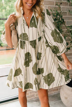 Load image into Gallery viewer, Guacamole Green Floral Striped Print Contrast Piping Puff Sleeve Dress
