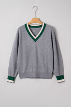 Load image into Gallery viewer, Gray Contrast Striped Trim V Neck Varsity Sweater
