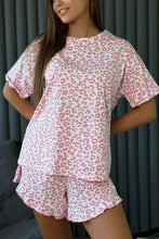 Load image into Gallery viewer, Pink Leopard Print Crew Neck Tee and Ruffled Shorts 2 Lounge Set
