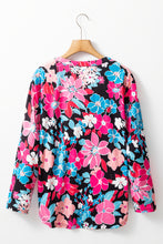 Load image into Gallery viewer, Pink Floral V Neck Roll Tab Sleeve Blouse
