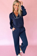 Load image into Gallery viewer, Navy Blue Contrast Piping Zipped Pullover Cropped Pants Set
