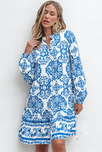 Load image into Gallery viewer, Sky Blue Tribal Print Button Up Notch Neck Loose Mini Dress
