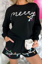 Load image into Gallery viewer, Black Sequin Merry Graphic Pullover and Shorts Outfit
