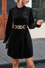 Load image into Gallery viewer, Black Velvet Frill Neck Long Sleeve Shift Dress
