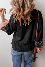 Load image into Gallery viewer, Black Floral Patchwork Textured Knit Drawstring V Neck Blouse
