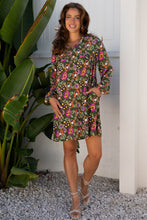 Load image into Gallery viewer, Green Floral Print Split Neck Bubble Sleeve Shift Mini Dress
