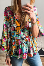 Load image into Gallery viewer, Multicolour Floral Print Bubble Sleeve V Neck Ruffled Blouse
