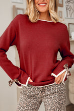 Load image into Gallery viewer, Racing Red Leopard Bow Decor Split Cuff Contrast Trim Sweater
