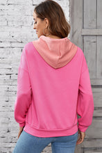 Load image into Gallery viewer, Pink Textured Color Block Kangaroo Pocket Drop Shoulder Hoodie
