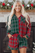 Load image into Gallery viewer, Red Plaid Contrast Patched Christmas Holiday Long Sleeve Shirt and Short 2pcs Pajama Set
