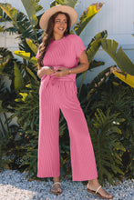 Load image into Gallery viewer, Bright Pink Solid Corded Knit Short Sleeve T Shirt and Wide Leg Pants Set
