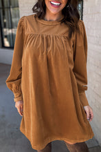 Load image into Gallery viewer, Desert Gold Corduroy Pleated Puff Sleeve Shift Short Dress
