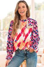Load image into Gallery viewer, Rose Red Abstract Geometric Pattern Patchwork Puff Sleeve Blouse
