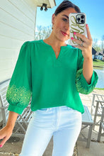 Load image into Gallery viewer, Green Contrast Floral Embroidered 3/4 Sleeve Notched V Neck Elegant Blouse
