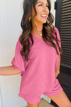 Load image into Gallery viewer, Pink Textured V Neck T Shirt and Shorts Set
