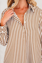 Load image into Gallery viewer, Brown Stripe Ruffled Hem Collared Long Sleeve Shirt Mini Dress
