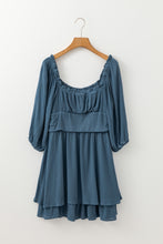 Load image into Gallery viewer, Real Teal Frilled Neckline 3/4 Sleeve Layered Ruched Mini Dress
