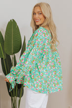 Load image into Gallery viewer, Green Abstract Printed Lace-up Lantern Sleeve Babydoll Blouse
