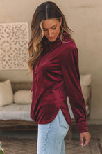 Load image into Gallery viewer, Burgundy Frilled Neck Buttoned Front Velvet Top
