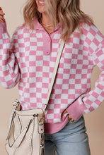 Load image into Gallery viewer, Pink Checkered Buttons Collar V Neck Drop Shoulder Sweater
