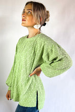Load image into Gallery viewer, Light Green Solid Color Textured Side Split Crew Neck Blouse
