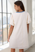 Load image into Gallery viewer, Beige Stripe Seersucker Contrast Round Neck Puff Sleeve T Shirt Dress
