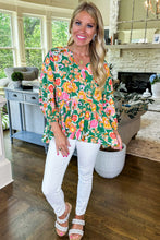 Load image into Gallery viewer, Green Floral Puff Sleeve V Neck Peplum Blouse
