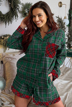 Load image into Gallery viewer, Green Plaid Contrast Patched Christmas Holiday Long Sleeve Shirt and Short 2pcs Pajama Set
