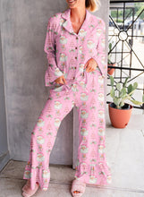 Load image into Gallery viewer, Pink Christmas Print Ruffled Ribbed Shirt &amp; Pants 2 Piece PJ Set

