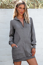 Load image into Gallery viewer, Dark Grey Zip up Collared Ribbed Patchwork Sweatshirt Dress with Pockets
