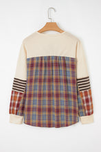 Load image into Gallery viewer, Beige Waffle Stripe Plaid Patchwork Henley Knit Top
