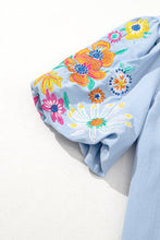 Load image into Gallery viewer, Beau Blue Floral Embroidered Puff Sleeve Split Neck Blouse
