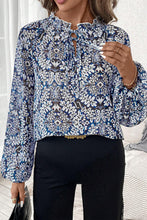 Load image into Gallery viewer, Blue Tribal Print Lace-up Frilled Neck Puff Sleeve Blouse

