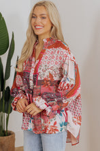 Load image into Gallery viewer, Red Boho Geometric Mixed Print Patchwork Bubble Sleeve Shirt
