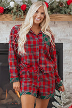 Load image into Gallery viewer, Dearlovers Red Plaid Contrast Patched Christmas Holiday Long Sleeve Shirt and Short 2pcs Pajama Set
