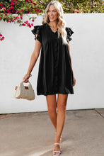 Load image into Gallery viewer, Black Ruffle Sleeve V Neck Frilled Shift Dress
