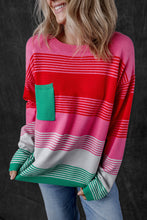 Load image into Gallery viewer, Rose Striped Knit Patch Pocket Drop Shoulder Sweater
