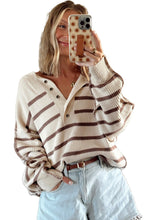 Load image into Gallery viewer, Brown Stripe Ribbed Henley Drop Shoulder Slouchy Sweater
