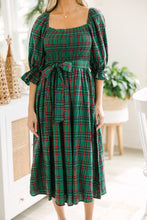 Load image into Gallery viewer, Green Tartan Plaid Square Neck Puff Sleeve Knot Waist Flared Midi Dress
