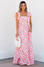 Load image into Gallery viewer, Pink Floral Print Square Neck Ruffled Strap Maxi Dress
