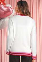 Load image into Gallery viewer, White Striped Trim Bow Graphic Round Neck Drop Shoulder Sweater
