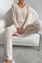 Load image into Gallery viewer, Khaki Ribbed Knit V Neck Slouchy Two-piece Outfit
