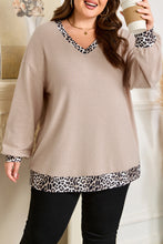 Load image into Gallery viewer, Parchment Leopard Patchwork V Neck Long Sleeve Plus Size Top

